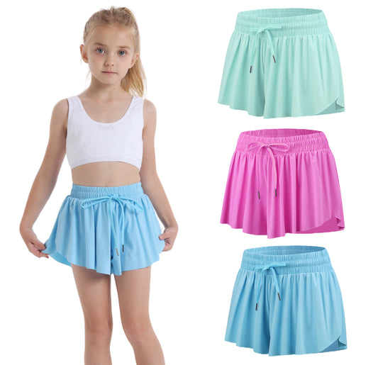 Yknktstc Girls 3 Pack 2 in 1 Flowy Athletic Shorts with Inner Pockets High Waist Yoga Skirt Skort for Teen Youth Junior